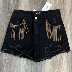 Blue B Black High Rise Denim Shorts with Gold Fringe Chains – Size M
